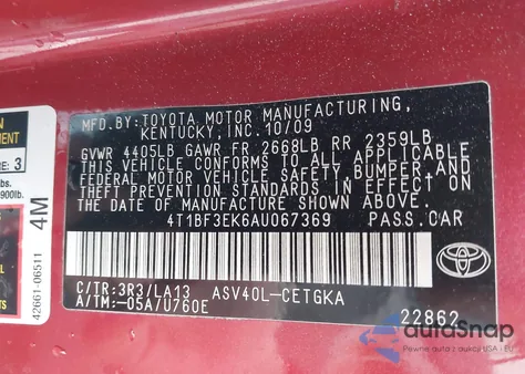 2010 Toyota Camry Xle из США, поврежденный, VIN 4T1BF3EK6AU067369